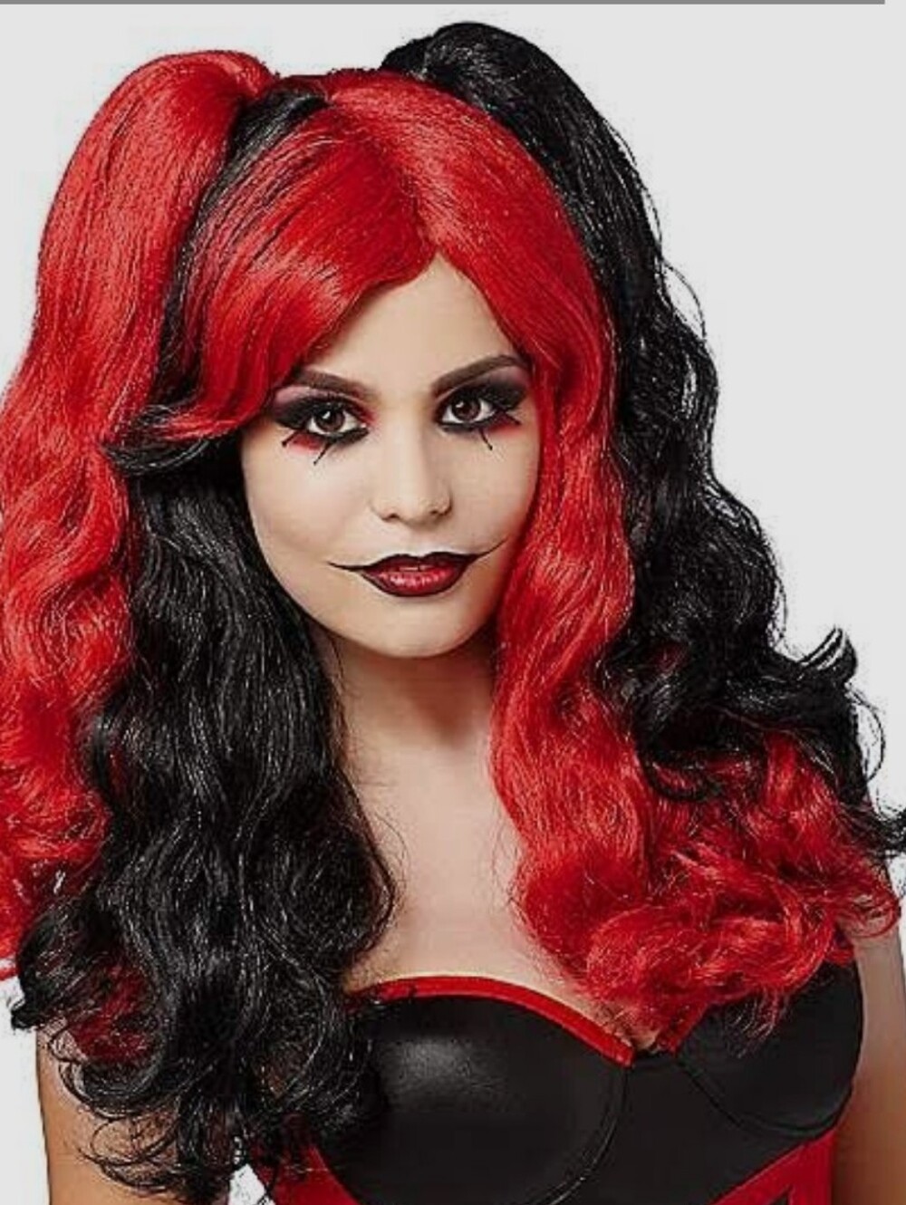Women's Spirit Harequin Curls Red & Black Two-Tone Curly Pigtail Wig